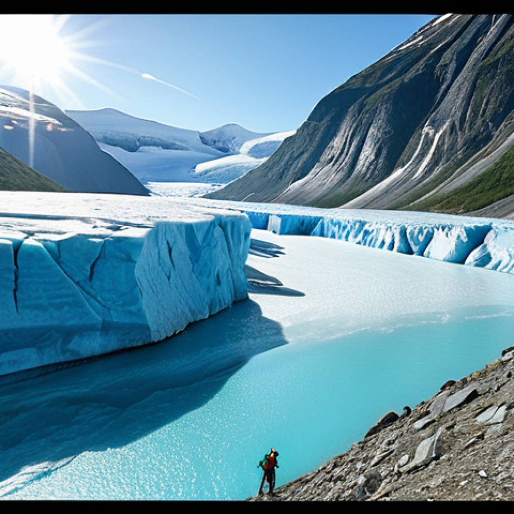 A majestic view of Jostedalsbreen glacier, with turquoise blue ice shimmering under the sunlight. Include hikers with professional gear trekking on the glacier, highlighting the adventure and scale of the landscape. The scene should convey the feeling of being in another world, untouched by time.
