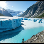 A majestic view of Jostedalsbreen glacier, with turquoise blue ice shimmering under the sunlight. Include hikers with professional gear trekking on the glacier, highlighting the adventure and scale of the landscape. The scene should convey the feeling of being in another world, untouched by time.