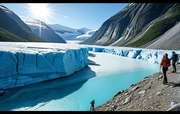 A majestic view of Jostedalsbreen glacier, with turquoise blue ice shimmering under the sunlight. Include hikers with professional gear trekking on the glacier, highlighting the adventure and scale of the landscape. The scene should convey the feeling of being in another world, untouched by time.