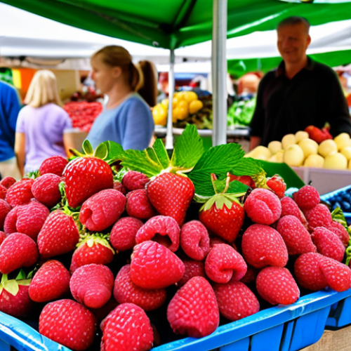 A vibrant farmer's market scene in Norway during summer, overflowing with seasonal fruits like strawberries, raspberries, and blueberries. Focus on the colorful produce and the interaction between local farmers and customers.