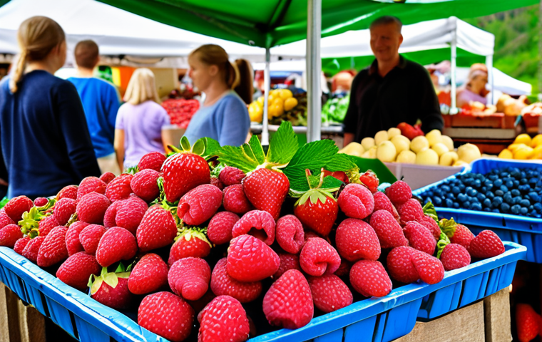 A vibrant farmer's market scene in Norway during summer, overflowing with seasonal fruits like strawberries, raspberries, and blueberries. Focus on the colorful produce and the interaction between local farmers and customers.